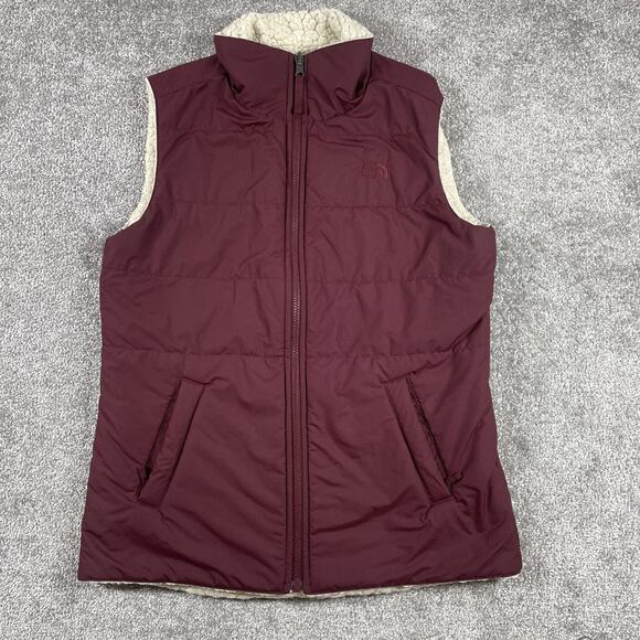 North Face Vest Womens Small Reversible Puffer Sherpa Zip Up Wine Purple - Picture 11 of 16